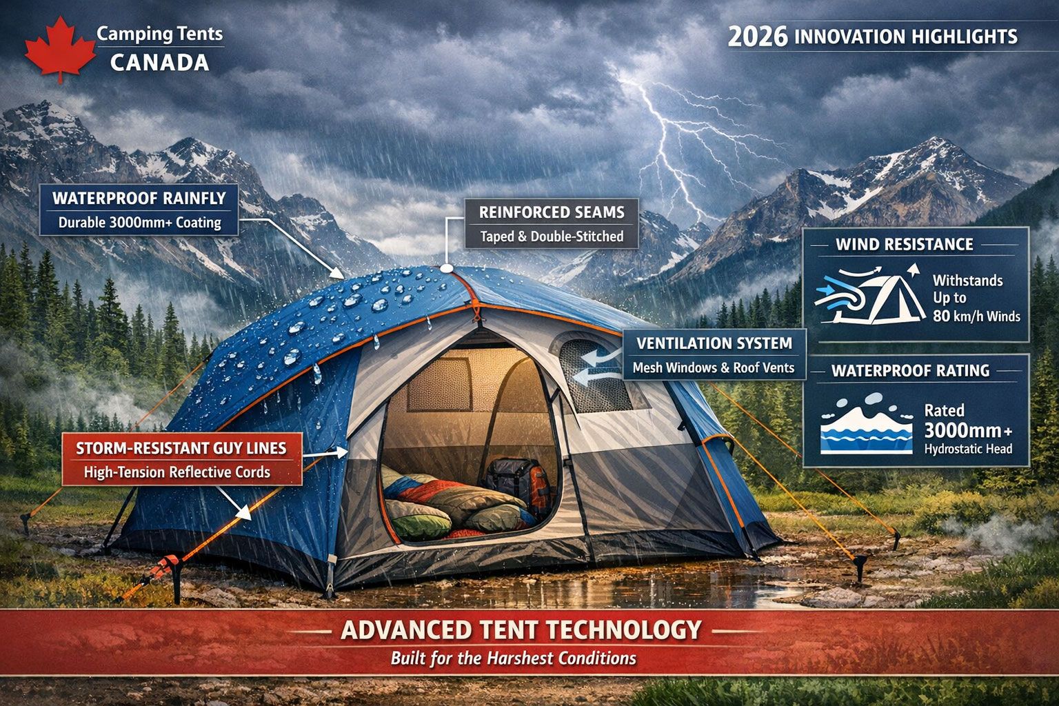 advanced weather-resistant tent technologies and features, cross-section view of modern camping tent with labeled components including waterproof rainfly, reinforced seams, ventilation systems, and storm-resistant guy lines. Background features Canadian Rocky Mountains with storm clouds, technical diagram overlay showing wind resistance ratings and waterproof ratings, clean infographic style with camping tents canada branding elements and 2026 innovation highlights.