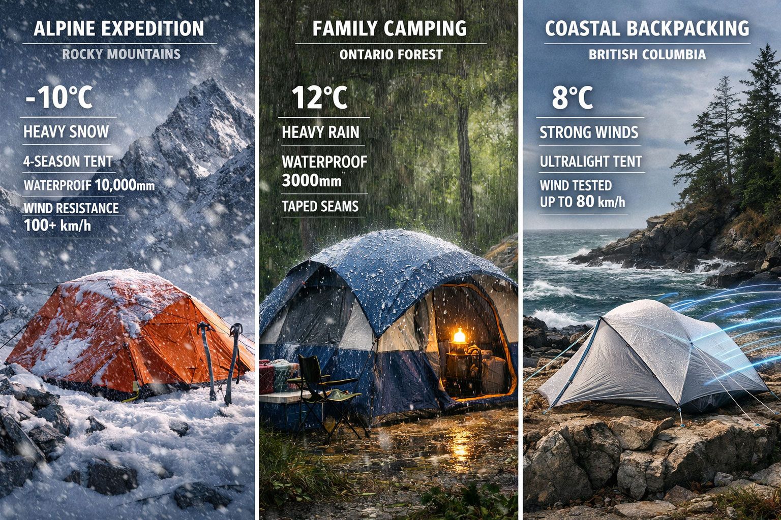 visual comparison chart displaying top 10 camping tents arranged in grid format, each tent shown in realistic outdoor Canadian settings including forest, alpine, and prairie environments. Professional product photography with detailed specifications overlay, price points, weather protection ratings, and seasonal use indicators. Clean white background with organized layout, camping tents canada marketplace aesthetic, professional outdoor gear catalog styling with clear typography and rating systems.