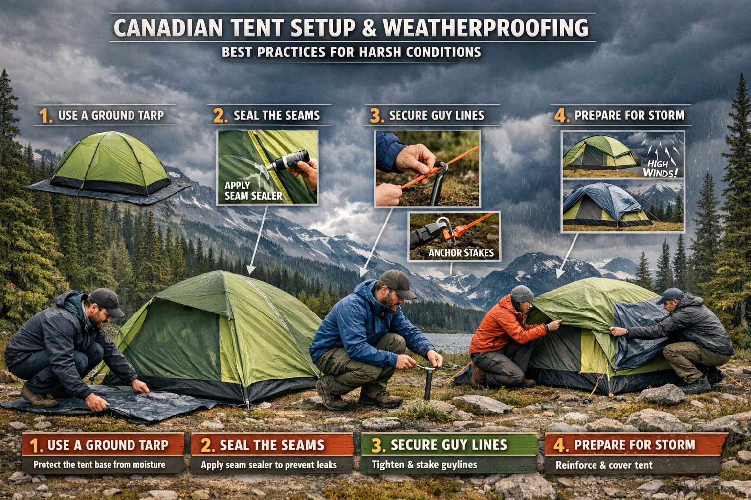 scene showing proper tent setup and maintenance in harsh Canadian weather conditions, step-by-step visual guide with professional campers demonstrating weatherproofing techniques, seam sealing application, guy line tensioning, and storm preparation. Background features authentic Canadian backcountry setting with threatening storm clouds, educational infographic elements, camping tents canada best practices highlighted, professional outdoor education photography style with clear instructional overlays.