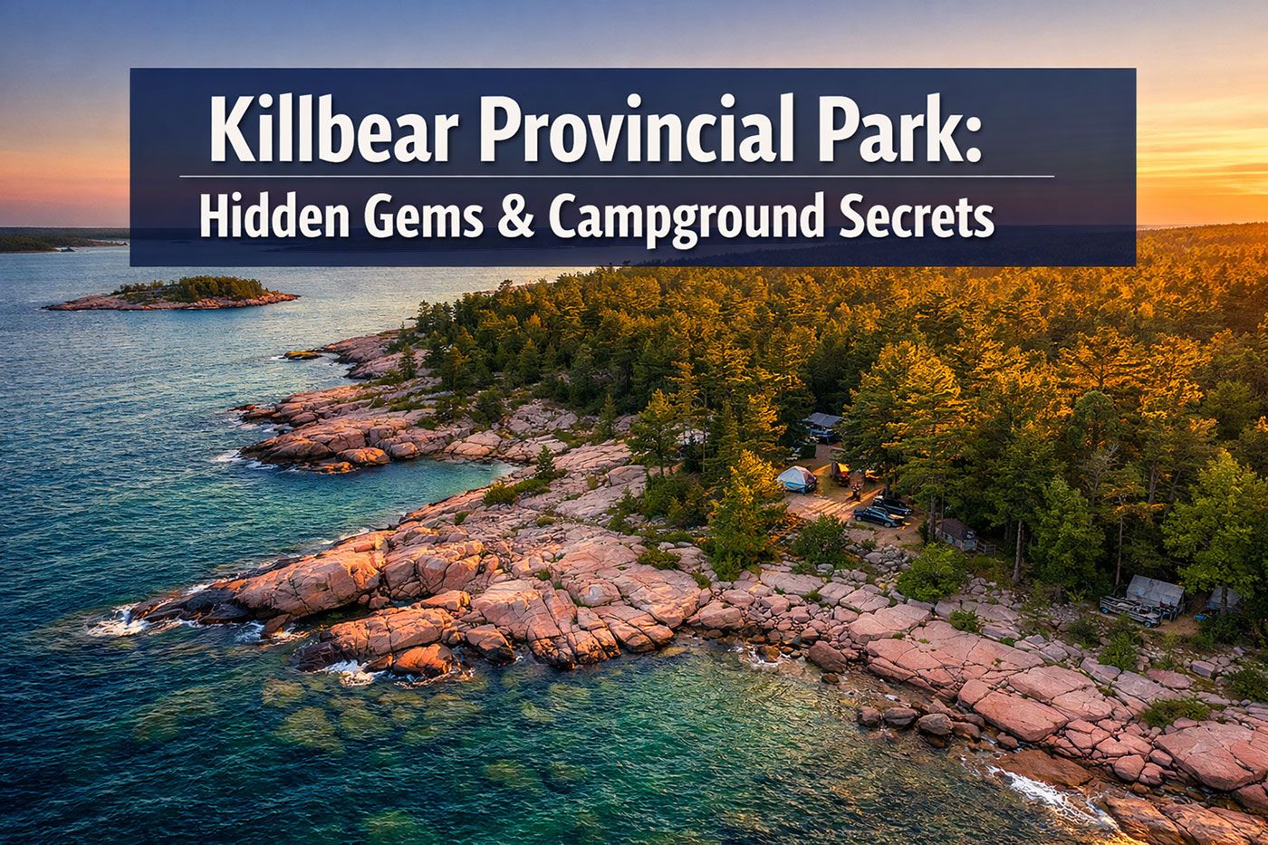 'Killbear Provincial Park: Hidden Gems & Campground Secrets' in extra large 72pt white sans-serif font with dark shadow and semi-transparent navy overlay box, positioned in upper third center. Background shows stunning aerial view of Georgian Bay's rocky pink granite shoreline with turquoise water, dense pine forest, and secluded camping sites visible among the trees during golden hour. Color scheme: deep navy, white text, warm golden accents, turquoise water highlights. Magazine cover quality, editorial style, high contrast for maximum readability, inspiring outdoor adventure aesthetic
