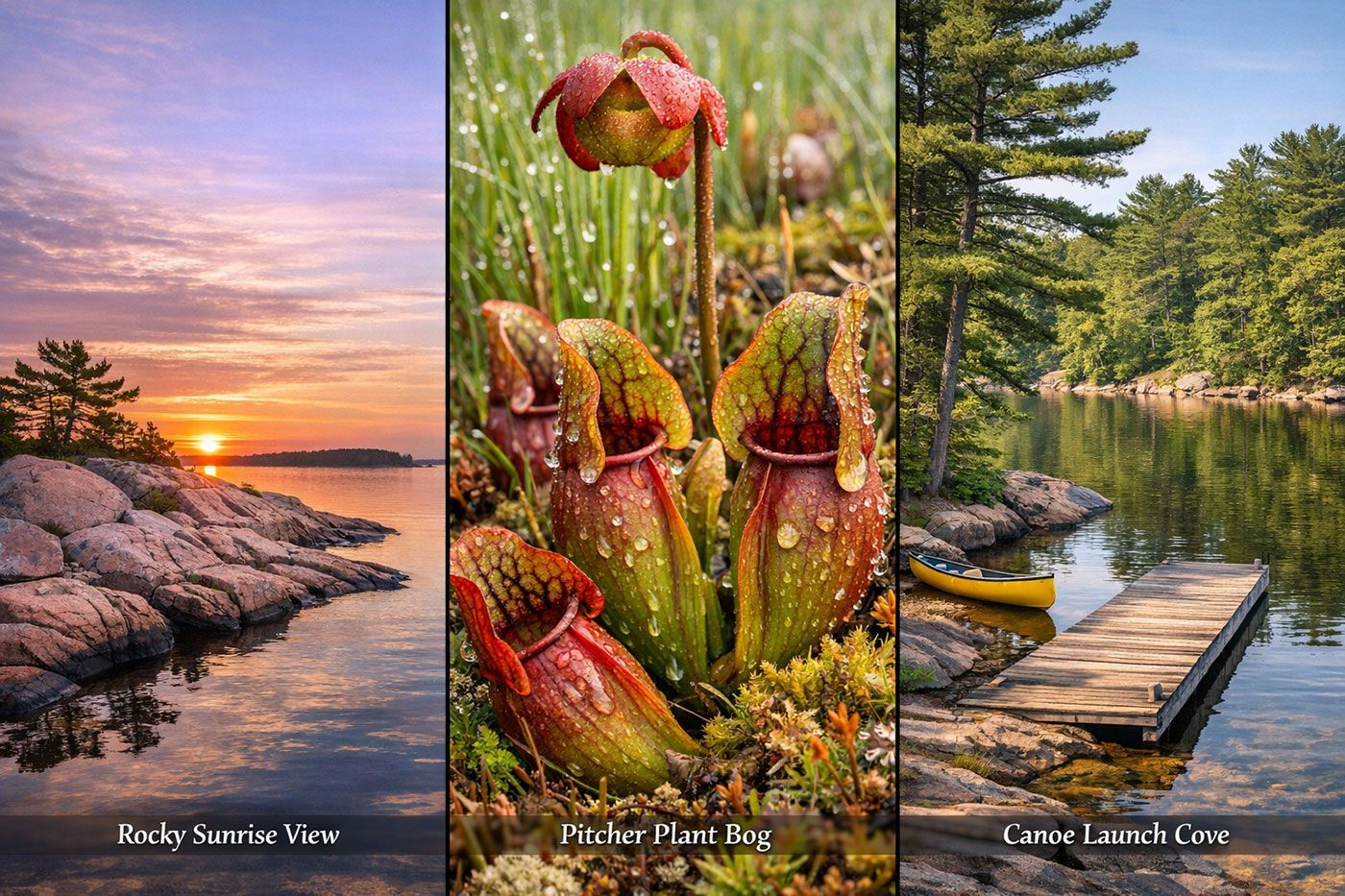 split-scene composition showing three distinct hidden features at Killbear: left third shows secluded rocky outcrop perfect for sunrise photography with pink granite formations and calm water reflection, middle third displays rare pitcher plant carnivorous species in wetland habitat with macro detail of trap mechanism and morning dew, right third features quiet canoe launch area with wooden dock extending into sheltered cove surrounded by pine trees. Natural lighting, vibrant colors, documentary photography style, each scene clearly distinct with subtle dividing lines, educational nature guide aesthetic, labels identifying each location within the park