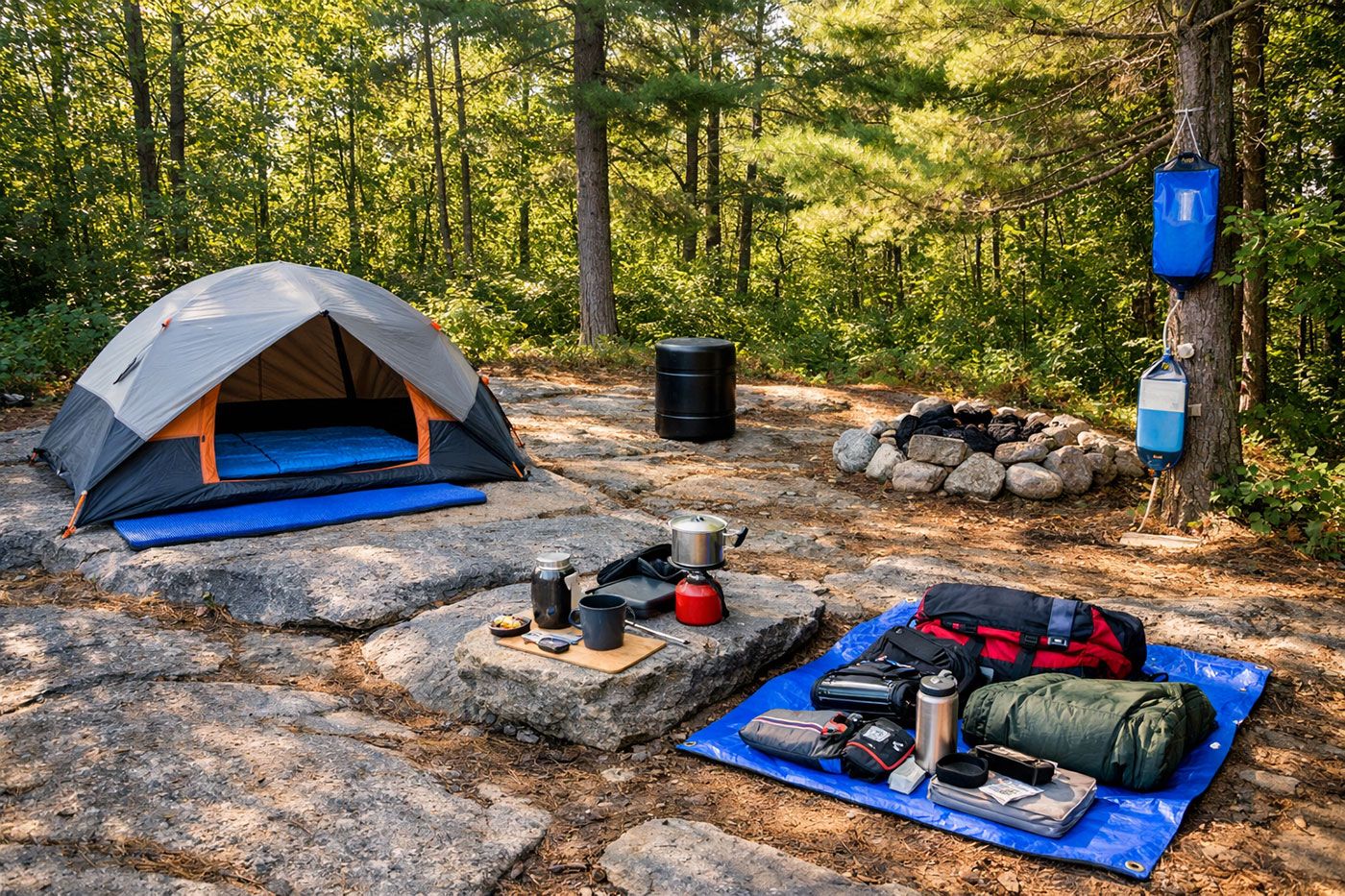 ground-level campsite scene showing proper backcountry camping setup in Killbear's interior sites, featuring dome tent pitched on Canadian Shield granite bedrock with foam padding visible, bear-proof food storage container properly positioned away from tent, camp kitchen setup with portable stove on flat rock surface, water filtration system, and camping gear organized on tarp. Background shows dense mixed forest of white pine and hardwoods, dappled afternoon sunlight filtering through canopy, fire pit with rocks arranged in circle. Practical how-to photography style, realistic camping scenario, educational composition showing best practices for Ontario provincial park camping