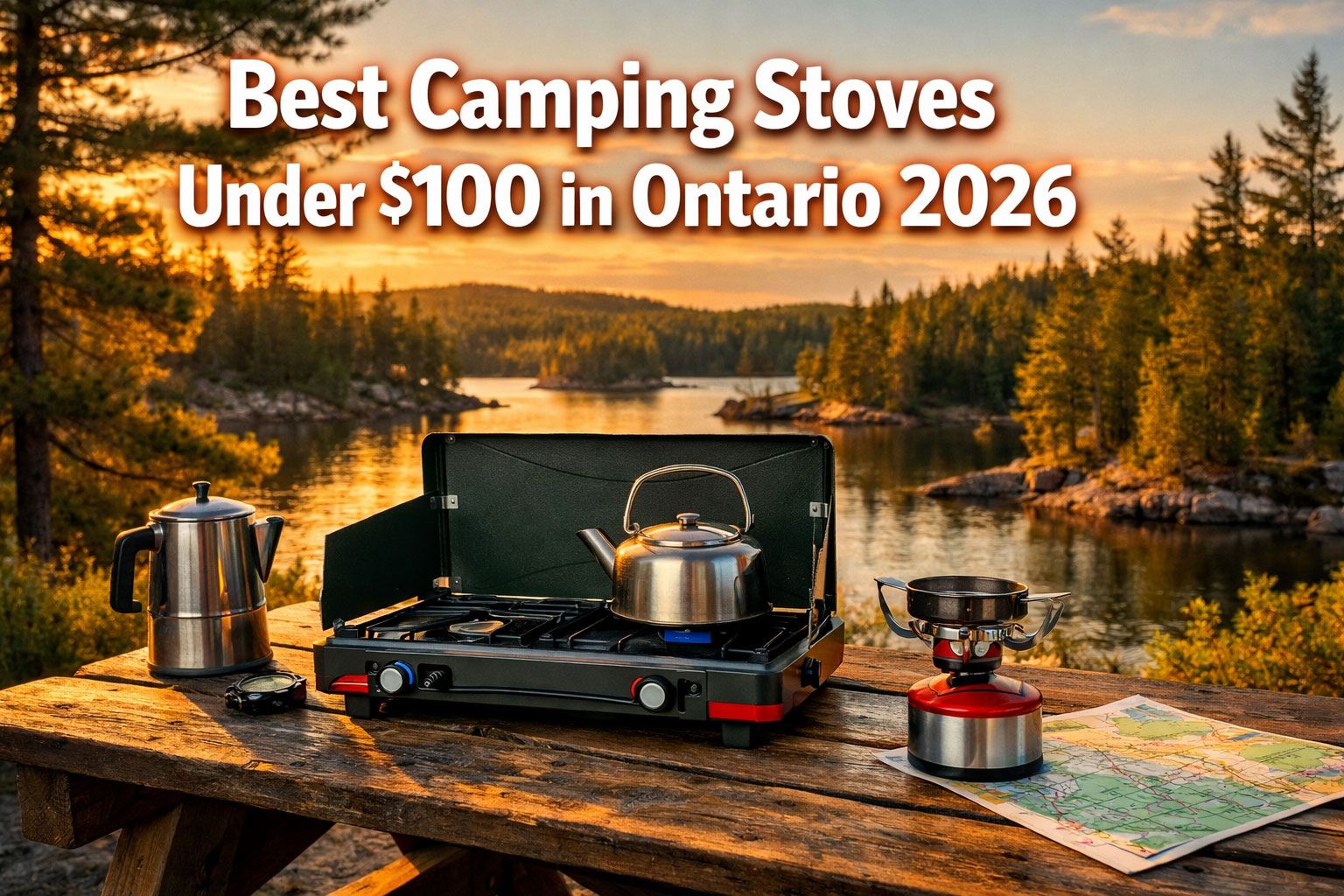 'Best Camping Stoves Under $100 in Ontario 2026' in extra large 72pt white sans-serif font with dark shadow and subtle orange glow, positioned in upper third. Background shows stunning Ontario wilderness scene with pine forest and lake at golden hour, foreground displays three modern portable camping stoves arranged on wooden picnic table with camping gear including coffee pot and map. Color scheme: deep forest green, burnt orange, white accents. High contrast, magazine cover quality, editorial outdoor lifestyle aesthetic with depth of field effect.