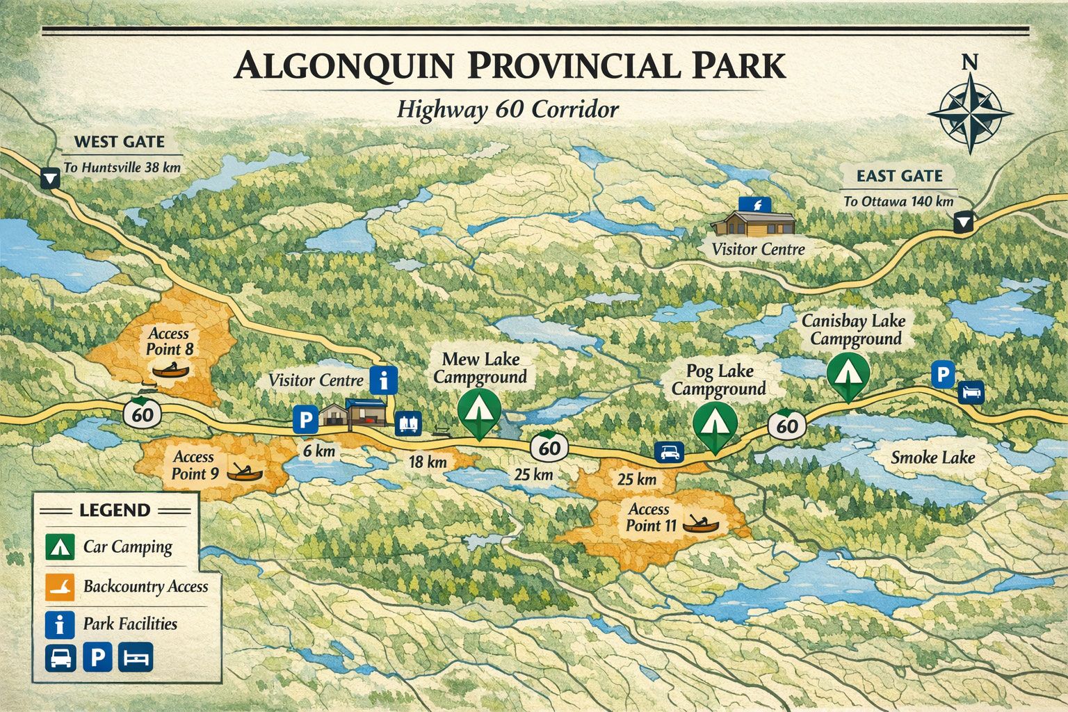 campground map illustration of Algonquin Park showing Highway 60 corridor with labeled campground locations including Mew Lake, Pog Lake, Canisbay Lake, and Tea Lake marked with tent icons. Map features color-coded zones for car camping (green), backcountry access points (orange), and facilities (blue icons). Includes distance markers, park entrance gates, and visitor center locations. Clean cartographic style with topographic elements, legend box, and north arrow. Professional park service aesthetic with natural color palette.
