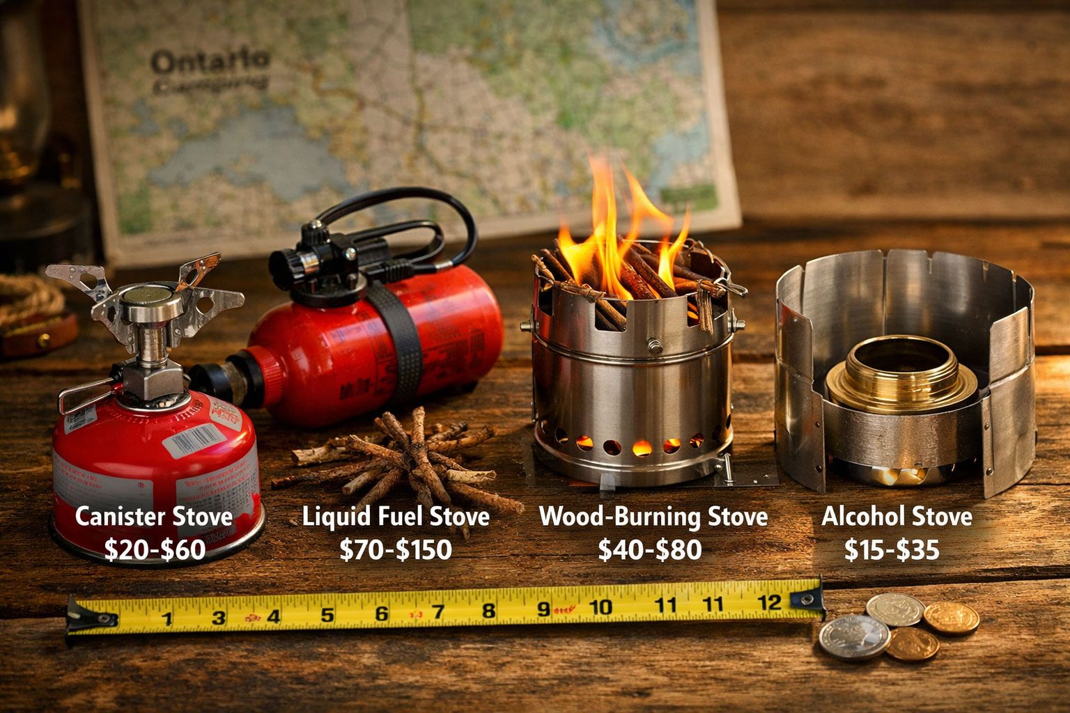 close-up comparison of four different camping stove types side by side on rustic wooden surface: canister stove with fuel attached, liquid fuel stove with pump bottle, wood-burning stove with twigs, and alcohol stove with windscreen. Each stove labeled with clear white text overlay indicating type and price range. Warm natural lighting from left side, Ontario camping map visible in background slightly out of focus, measuring tape and coins for scale reference, professional product photography style with shallow depth of field.