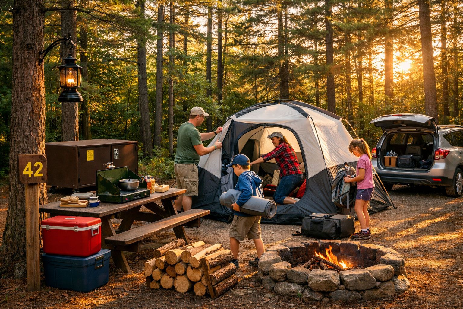 family setting up modern tent at developed Algonquin Park campsite during golden hour. Shows parents and two children arranging camping gear, picnic table with camping stove and food storage containers, fire pit with stacked firewood, vehicle parked at site, tall pine trees surrounding site, dappled sunlight filtering through canopy. Includes visible campsite number post, bear-proof food locker, and lantern hanging from tree. Warm, inviting atmosphere with authentic camping equipment and natural Ontario wilderness setting.