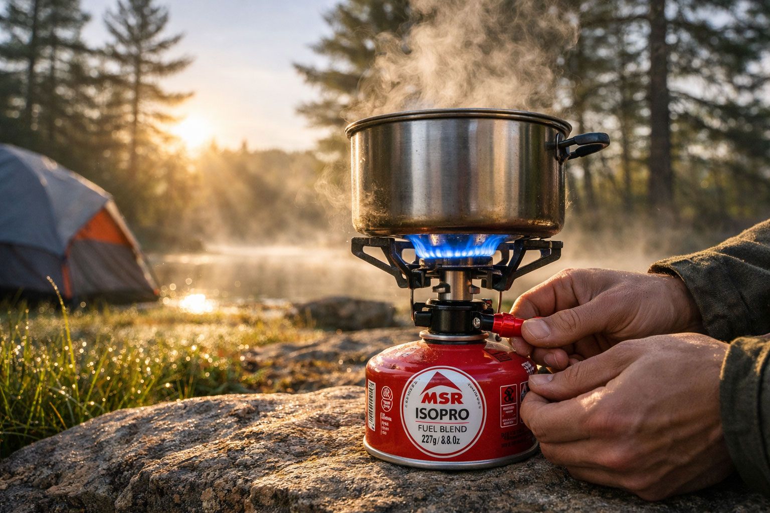 hands adjusting control valve on compact canister camping stove with blue flame burning under stainless steel pot in Ontario provincial park setting. Morning mist visible in background with tent and pine trees, dewdrops on grass, warm sunrise lighting creating lens flare effect. Stove sitting on stable rock surface, fuel canister clearly visible with brand markings, steam rising from pot, realistic outdoor cooking scenario, photojournalistic style capturing authentic camping moment.