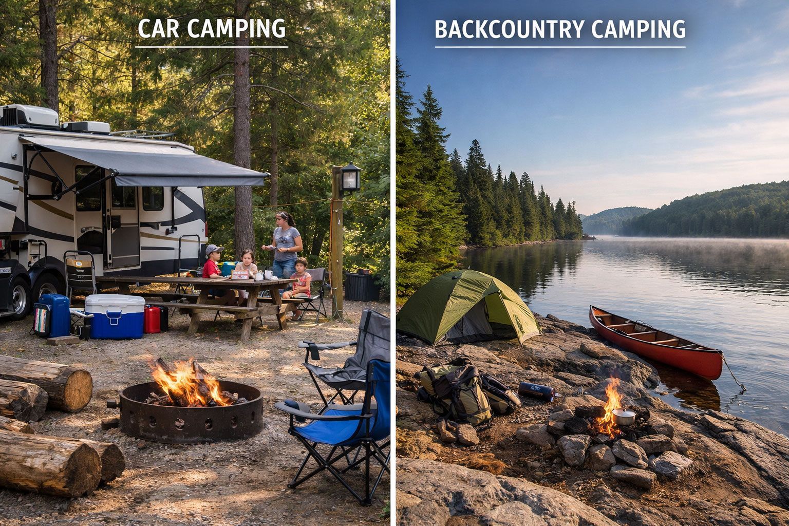 comparing car camping versus backcountry camping in Algonquin Park. Left side shows developed campsite with RV, picnic table, fire ring, modern amenities, families with coolers and chairs. Right side shows remote backcountry campsite on rocky lakeshore with solo backpacker's small tent, canoe pulled onto shore, minimalist gear, campfire, pristine wilderness. Vertical dividing line with labels. Contrasting but balanced composition showing both camping styles. Natural lighting, authentic outdoor photography style, educational comparison visual.