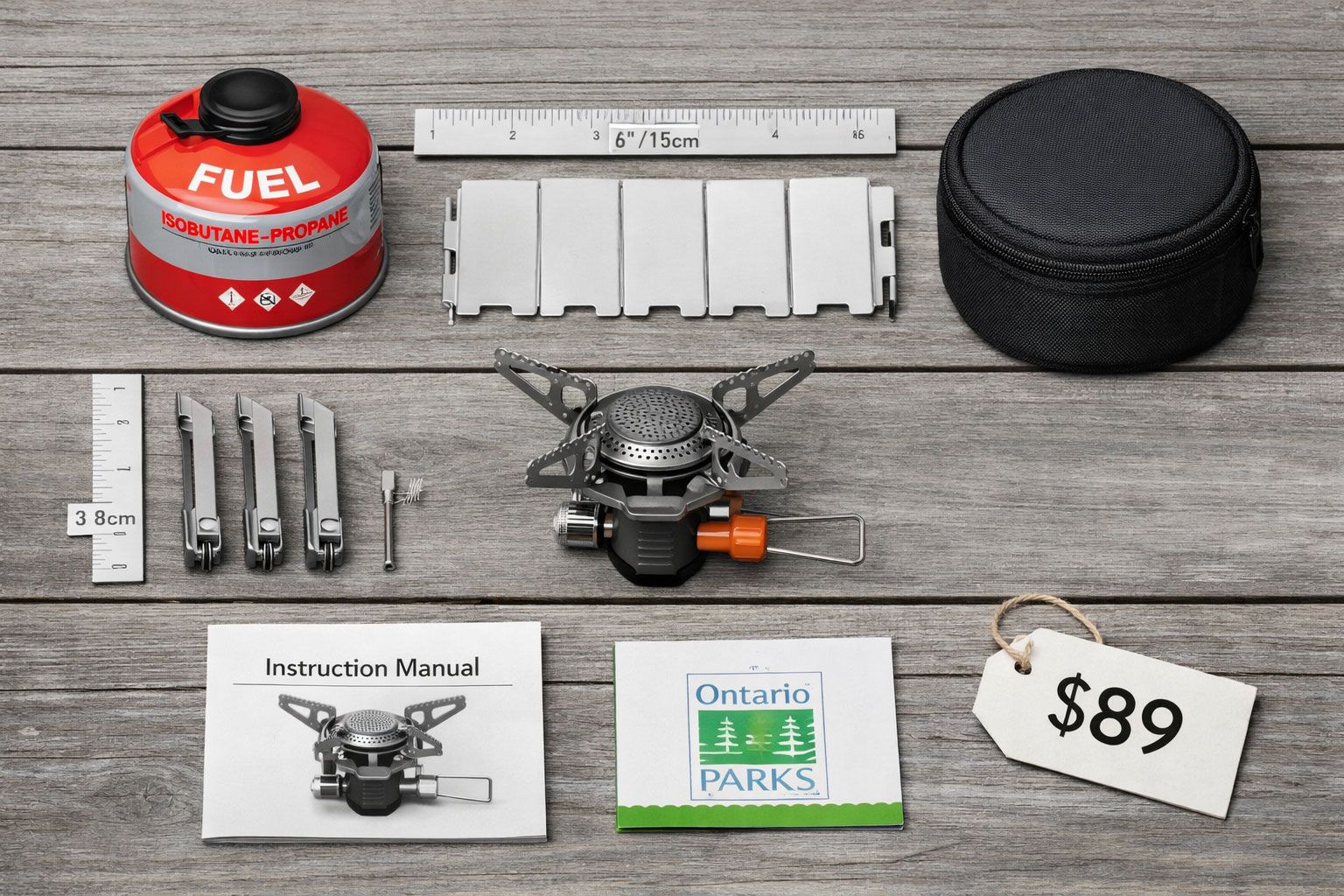 composition on grey weathered wood surface showing complete camping stove kit layout: main stove unit in center, fuel canister, windscreen panels, carrying case, pot support arms, cleaning tool, instruction manual, and price tag showing $89. Items arranged in organized grid pattern with subtle shadows, overhead perspective, ruler showing compact dimensions, Ontario Parks permit visible in corner, clean product documentation style with excellent lighting and sharp focus throughout entire frame.