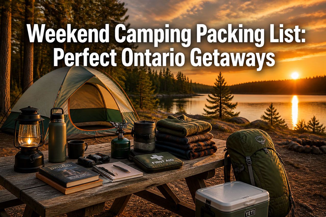 bold text overlay 'Weekend Camping Packing List: Perfect Ontario Getaways' in extra large 72pt white sans-serif font with dark shadow effect, centered in upper third. Background shows stunning Ontario wilderness scene with a well-organized campsite featuring a tent, camping gear neatly arranged on a picnic table, backpack, cooler, and lantern against backdrop of pine forest and lake at golden hour. Color scheme: forest green, warm orange sunset tones, white text. High contrast, magazine cover quality, editorial outdoor lifestyle aesthetic with depth of field focusing on organized camping equipment in foreground.
