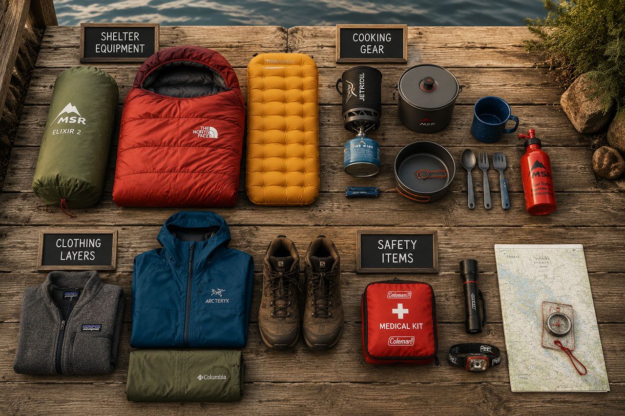 organized camping packing checklist layout with actual gear items arranged in categories on wooden dock surface beside Ontario lake. Visual includes labeled sections: shelter equipment (tent, sleeping bag, pad), cooking gear (portable stove, cookware, utensils), clothing layers (fleece, rain jacket, hiking boots), and safety items (first aid kit, flashlight, map). Warm natural lighting, top-down flat lay composition, rustic wood texture background, items color-coded by category with small chalkboard labels, professional outdoor magazine photography style, sharp focus, realistic camping equipment brands visible.