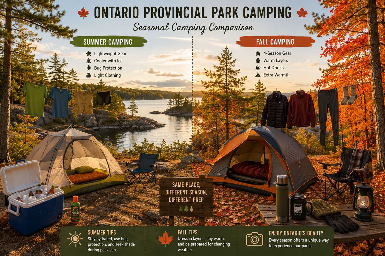 scenic Ontario provincial park campsite with distinct seasonal camping setups side by side comparison. Left side shows summer camping with lightweight tent, shorts and t-shirts hanging on line, cooler with ice, bug spray prominent. Right side shows fall camping with four-season tent, layered clothing including fleece and thermal wear, warmer sleeping bag, thermos for hot drinks. Background features iconic Ontario landscape with maple trees, rocky Canadian Shield terrain, and calm lake. Golden afternoon light, wide angle perspective, educational comparison style with subtle text labels for seasonal differences.