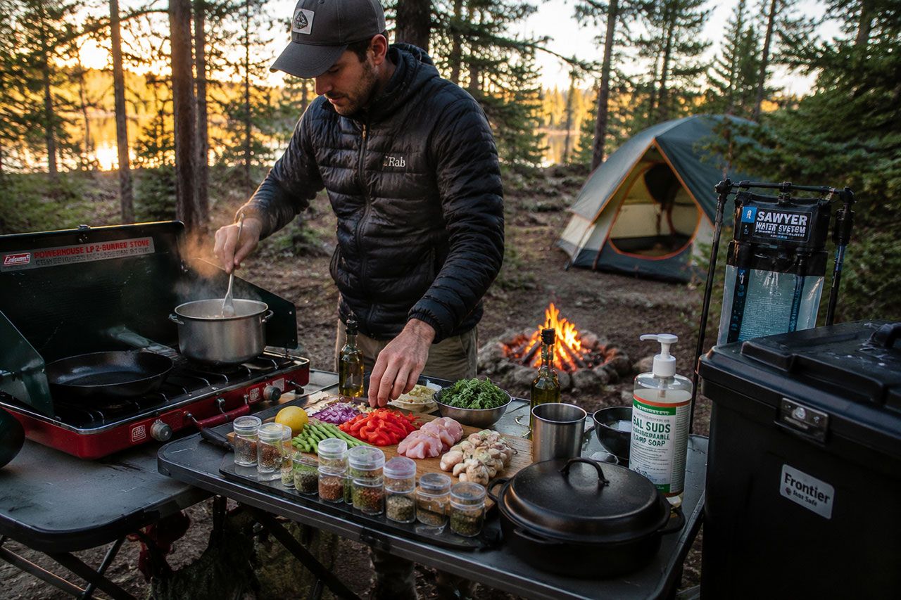 a camper preparing a gourmet meal at an organized camp kitchen setup in Ontario wilderness. Scene includes portable camp stove with pot cooking, fresh ingredients laid out on camping table (vegetables, proteins, spices in small containers), cast iron skillet, camping cookware set, biodegradable soap, water filtration system, bear-proof food container visible nearby. Background shows pine forest and tent setup. Warm evening campfire glow lighting, realistic outdoor cooking scene, steam rising from pot, hands visible preparing food, professional outdoor lifestyle photography, inviting and practical aesthetic, emphasis on organized cooking system.