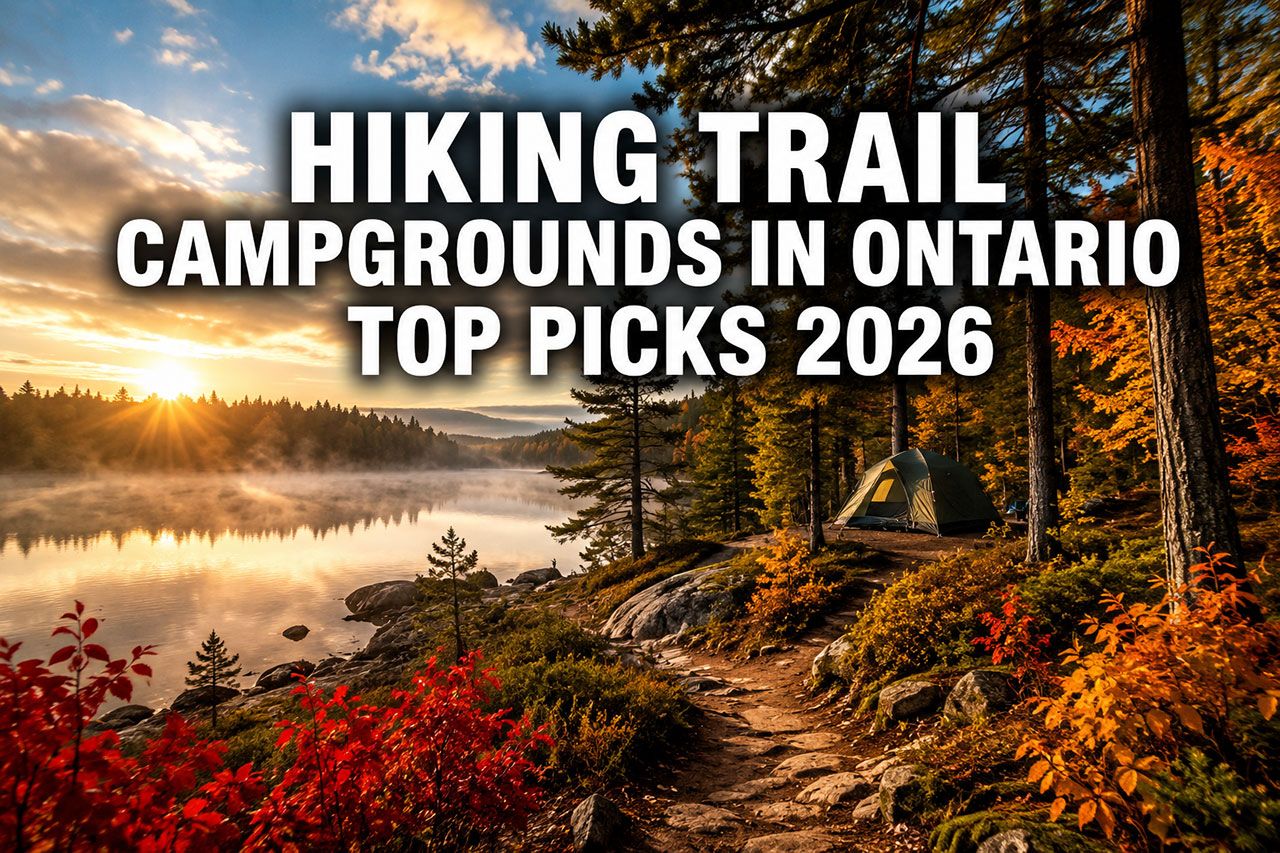 'Hiking Trail Campgrounds in Ontario Top Picks 2026' in extra large 72pt white sans-serif font with dark shadow effect, centered in upper third. Background shows stunning Ontario wilderness with a winding forest trail leading to a lakeside campsite, tent visible among pine trees, morning mist over water, vibrant autumn colors of red and gold foliage. Color scheme: forest green, burnt orange, white text. High contrast, magazine cover quality, editorial style, dramatic lighting, professional outdoor photography aesthetic.