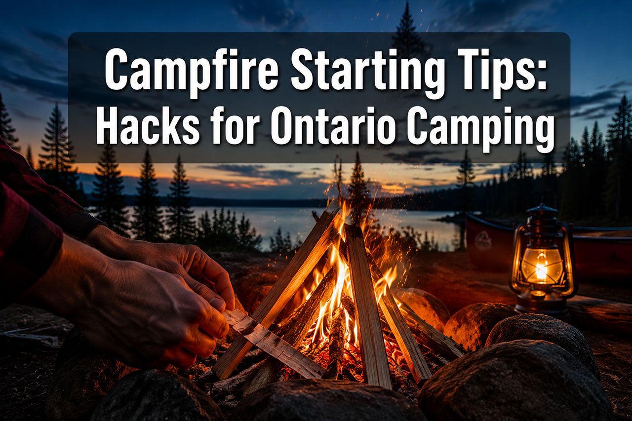 'Campfire Starting Tips: Hacks for Ontario Camping' in extra large 72pt white sans-serif font with dark shadow and semi-transparent overlay box, positioned in upper third center. Background shows crackling campfire with bright orange flames against twilight Ontario wilderness, pine trees silhouetted, sparks rising into dusky blue sky. Foreground shows hands arranging kindling in teepee formation with birch bark tinder. Color scheme: deep orange, charcoal black, twilight blue, warm amber accents. High contrast, magazine cover quality, editorial outdoor lifestyle aesthetic with professional composition following rule of thirds.