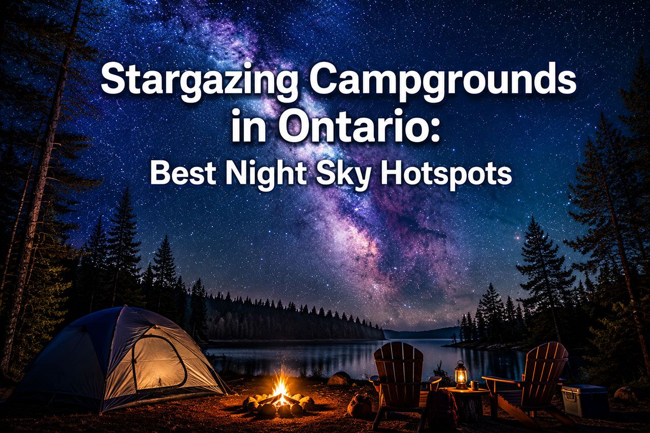 'Stargazing Campgrounds in Ontario: Best Night Sky Hotspots' in extra large 72pt white sans-serif font with subtle dark blue shadow, positioned in upper third center. Background shows breathtaking Milky Way galaxy arching over a silhouetted tent and campfire at an Ontario campground, with pine trees framing the sides. Deep navy blue night sky filled with countless stars, purple and teal nebula colors visible in galactic core. Foreground shows camping gear and Adirondack chairs facing the sky. Color palette: deep navy, white, purple, teal accents. High contrast, National Geographic quality, editorial style, inspiring and adventurous mood.