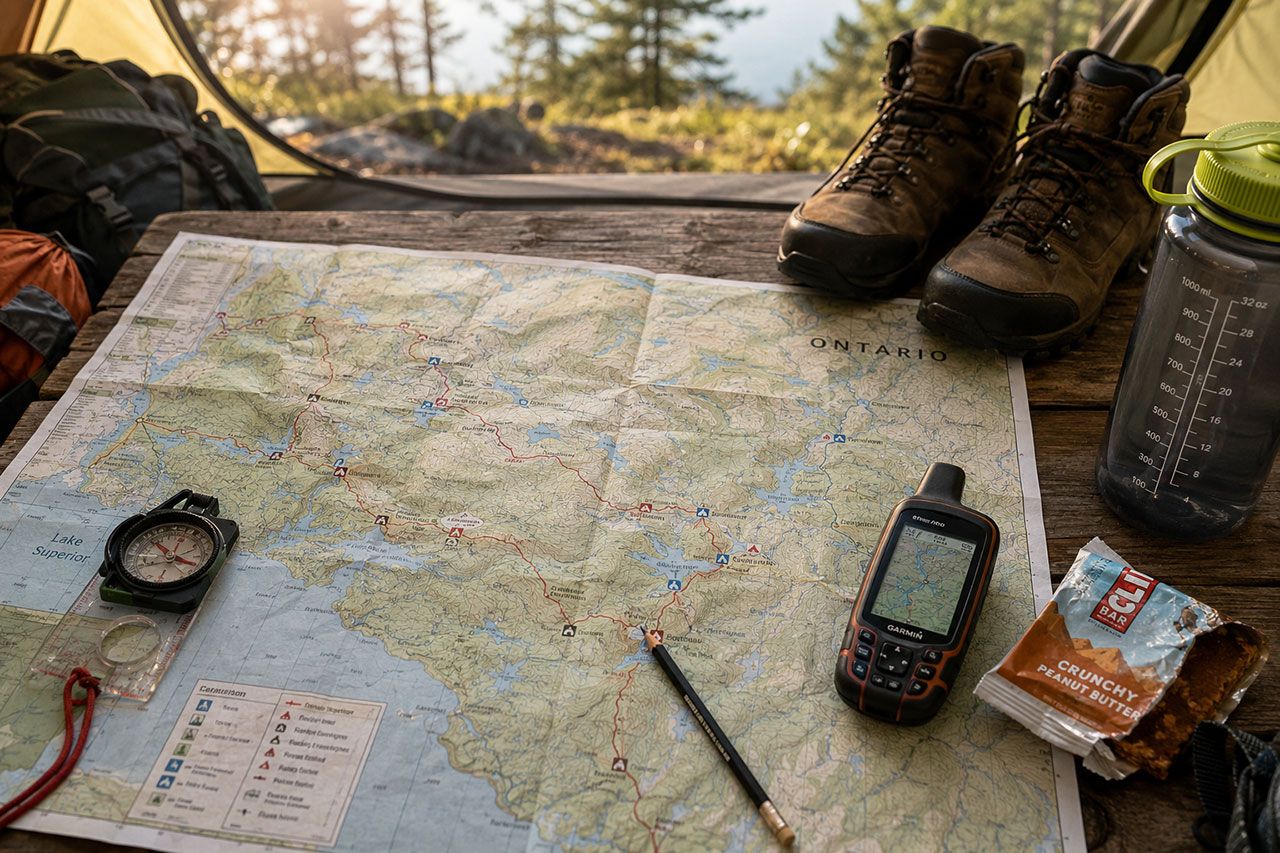 detailed topographic trail map of Ontario spread across wooden camping table with compass, GPS device, and hiking boots in frame. Map shows marked camping locations with elevation lines, trail markers in red, and lake features clearly visible. Natural morning light from tent opening illuminates scene. Include water bottle, granola bar wrapper, and pencil marking route. Realistic outdoor planning scene with authentic camping gear, warm color tones, professional travel photography style.