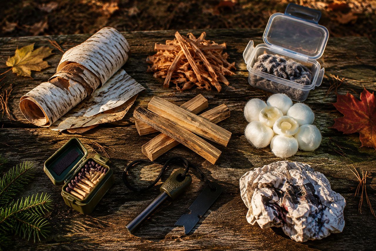 close-up overhead view of organized fire-starting materials laid out on weathered wooden picnic table at Ontario campsite. Display includes neatly arranged birch bark strips, cedar shavings in small pile, fatwood sticks, dryer lint in waterproof container, cotton balls with petroleum jelly, ferro rod with striker, waterproof matches in case, and crumpled newspaper. Morning sunlight creates warm side lighting with distinct shadows. Pine needles and maple leaves scattered naturally around edges. Rustic outdoor aesthetic with sharp focus on textures of different tinder materials. Color palette: natural browns, whites, forest greens, golden sunlight.