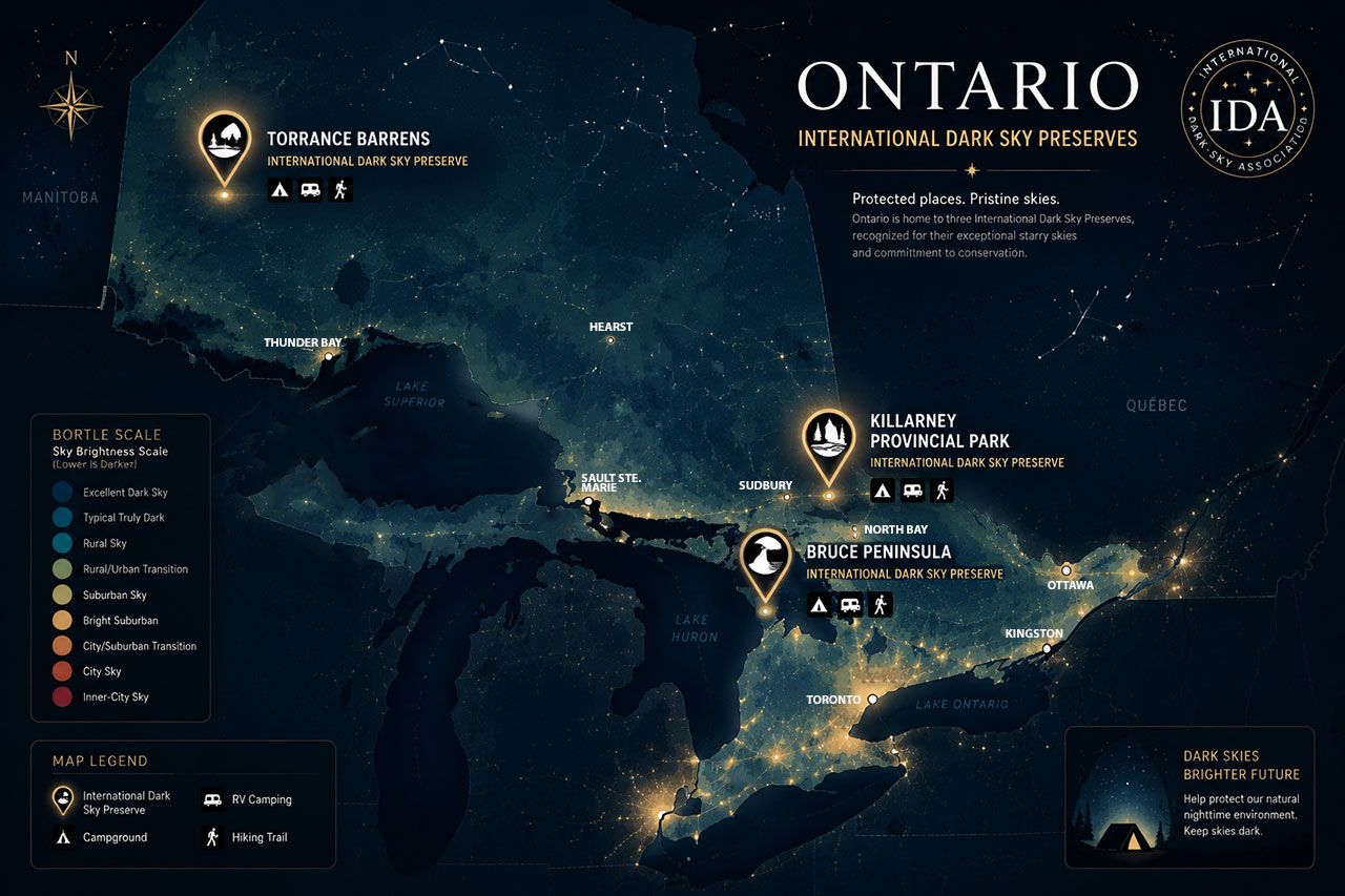 detailed dark sky preserve map of Ontario with marked locations of designated International Dark Sky Preserves including Torrance Barrens, Bruce Peninsula, and Killarney Provincial Park. Map features glowing pin markers on dark background with constellation patterns overlaid, light pollution gradient showing darker areas in northern Ontario, legend indicating Bortle scale ratings, and small icons representing campgrounds. Professional cartographic style with white and gold accent colors on deep blue background, clean infographic aesthetic.