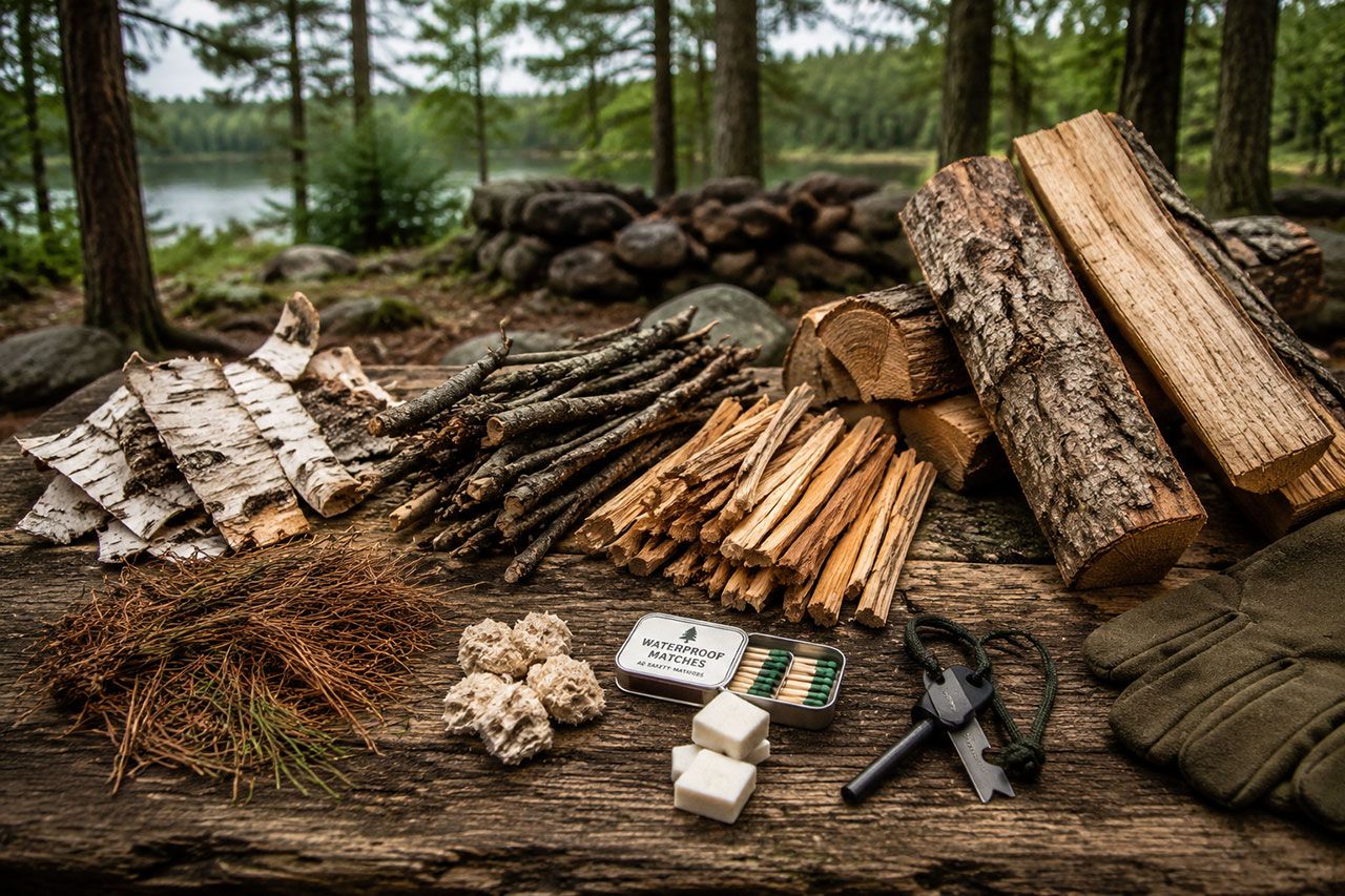 essential campfire materials spread artfully on a rustic wooden surface: dry tinder (birch bark, pine needles), kindling (small twigs, split cedar), firewood (seasoned hardwood logs), and fire-starting tools like waterproof matches, ferro rod, and lightweight fire starter cubes. Soft natural lighting emphasizing texture and detail, warm earth tones of browns and greens, styled like a professional outdoor survival guide illustration, high-resolution with crisp focus on material variety and arrangement, Ontario forest background subtly visible