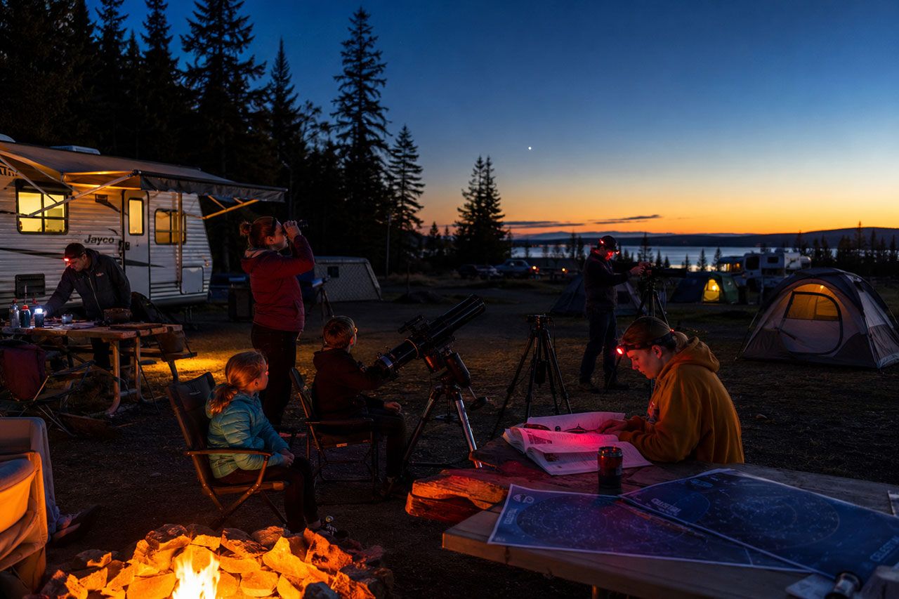 campers using telescopes and binoculars at a provincial park campground during golden hour transitioning to dusk. Multiple families setting up stargazing equipment including tripod-mounted cameras with long exposure settings, red-light headlamps, star charts spread on picnic tables, and camping chairs arranged in semi-circle. Background shows RV and tent sites with minimal lighting, distant treeline, and early evening sky with Venus visible. Warm amber campfire glow contrasts with cooling blue twilight. Realistic documentary photography style capturing preparation and community atmosphere.