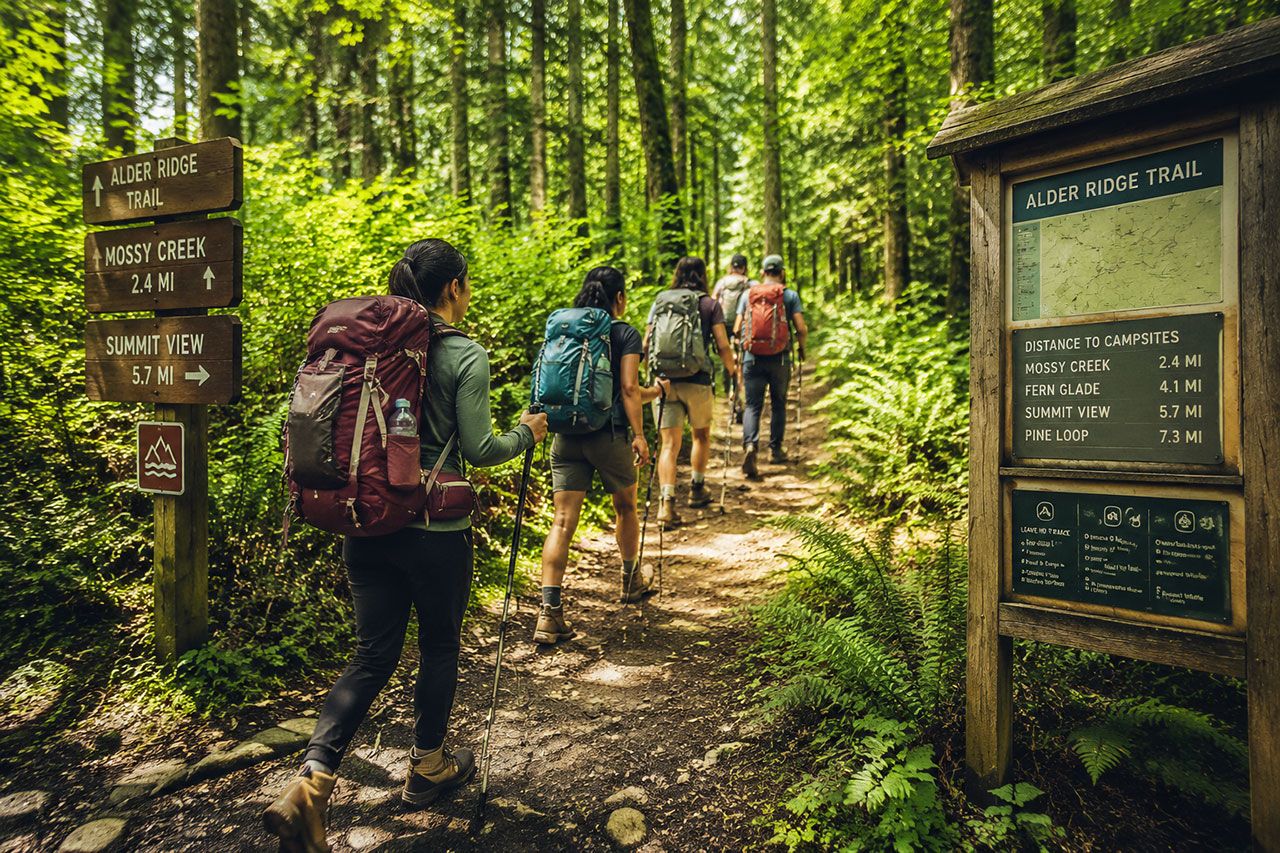 diverse group of hikers with full backpacks walking along well-maintained forest trail with wooden trail markers and directional signs. Trail cuts through mixed hardwood forest with ferns along path edges. Dappled sunlight filtering through canopy, hikers wearing proper gear including hiking poles and boots. Trail information board visible showing distances to campsites. Active, dynamic composition capturing movement and adventure, professional hiking magazine aesthetic, vibrant natural colors.