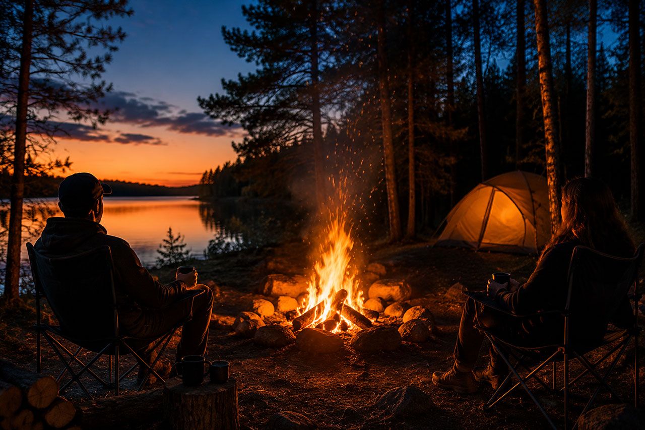 evening scene of successful campfire burning brightly in Ontario wilderness campsite. Medium shot showing well-established fire with glowing orange coals at base, yellow flames reaching upward, and smoke rising into twilight sky. Two camping chairs positioned at safe distance with silhouettes of campers. Tent visible in background among white pine and birch trees. Fire reflects on nearby lake water through trees. Warm golden hour lighting transitioning to blue hour. Sparks rising into darkening sky. Cozy, accomplished outdoor camping atmosphere showing end result of proper fire-starting technique. Color palette: warm oranges, deep blues, golden highlights, forest shadows.