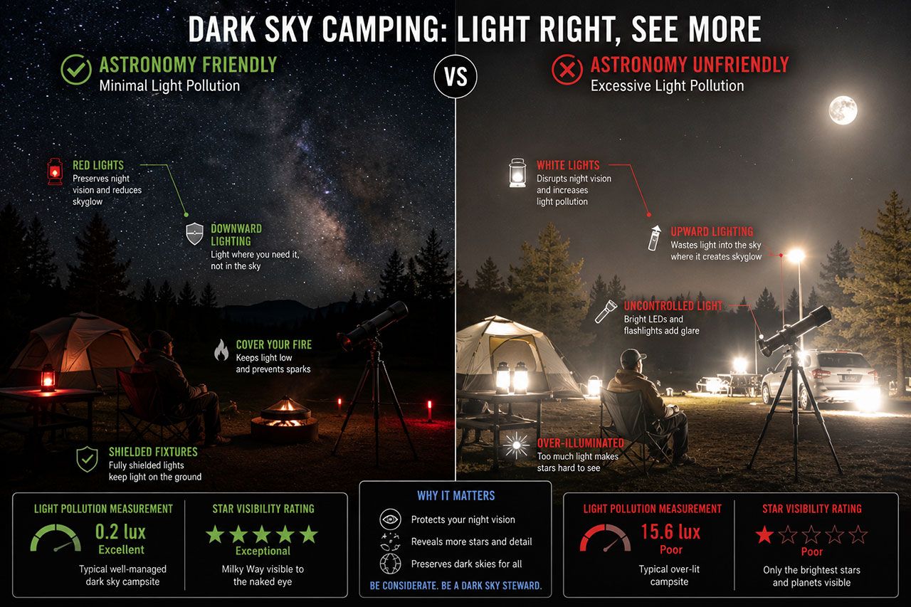 comparison image showing proper versus improper campground lighting for astronomy. Left side displays campsite with red-filtered lanterns, downward-facing lights, and covered fire creating minimal light pollution with clear Milky Way visible overhead. Right side shows same location with bright white LED lanterns, upward-facing flashlights, and excessive lighting washing out stars with only moon visible. Text annotations pointing to key differences, light pollution measurements in lux, and star visibility ratings. Educational infographic style with clear visual contrast and professional astronomy publication aesthetic.