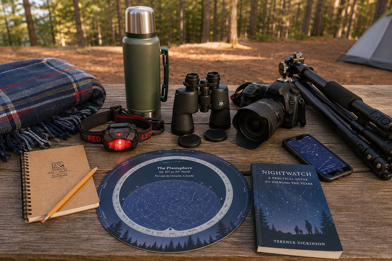 essential stargazing gear laid out on wooden picnic table at campground. Items include planisphere star chart for Ontario latitude, red LED headlamp, binoculars with lens caps, DSLR camera with wide-angle lens, sturdy tripod, insulated thermos, warm blanket, smartphone with astronomy app displayed, field guide to constellations, and notebook with pencil. Soft natural lighting from late afternoon sun, pine forest background slightly out of focus, organized flat-lay composition. Product photography style with warm tones, sharp focus on gear, practical camping aesthetic.