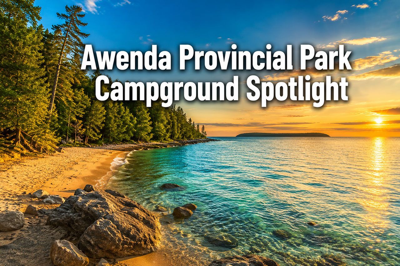 'Awenda Provincial Park Campground Spotlight' in extra large 72pt white sans-serif font with dark shadow effect, positioned in upper third center. Background shows stunning Georgian Bay shoreline at golden hour with sandy beach, crystal clear turquoise water, towering old-growth hardwood forest along the coast, and distant view of Christian Island on the horizon. Color scheme: deep forest green, sandy beige, turquoise blue, golden sunset accents. High contrast, magazine cover quality, editorial style with professional depth of field and vibrant natural lighting.
