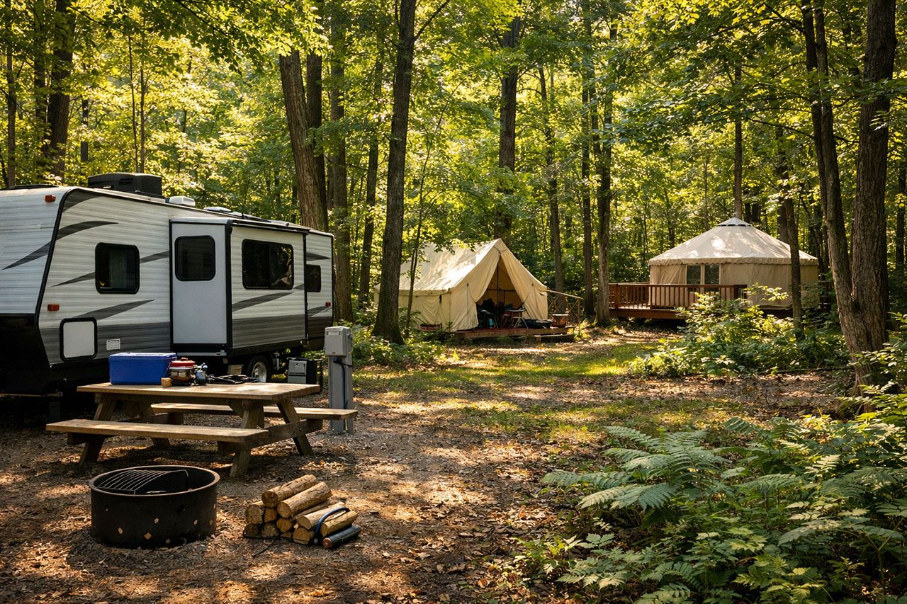 Diverse campsite options at Awenda Provincial Park including a modern RV parked at an electrical site with picnic table and fire pit in foreground, a canvas tent setup visible in middle distance among towering maple and oak trees, and a cream-colored yurt with wooden deck partially visible through forest canopy. Dappled sunlight filtering through dense hardwood forest, camping gear neatly arranged, natural woodland floor with ferns, warm inviting atmosphere, depth of field showing campground layout and spacing between sites.