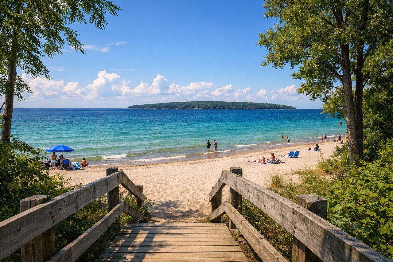 Scenic photograph of one of Awenda's six beaches along Georgian Bay shoreline, featuring pristine sandy beach with gentle waves lapping at shore, clear turquoise water extending to horizon, wooden boardwalk or trail entrance visible at beach edge, towering hardwood trees framing the scene, families or individuals enjoying beach activities in distance, Christian Island visible across the water, bright sunny day with blue sky and white clouds, inviting summer recreation atmosphere, professional nature photography quality.