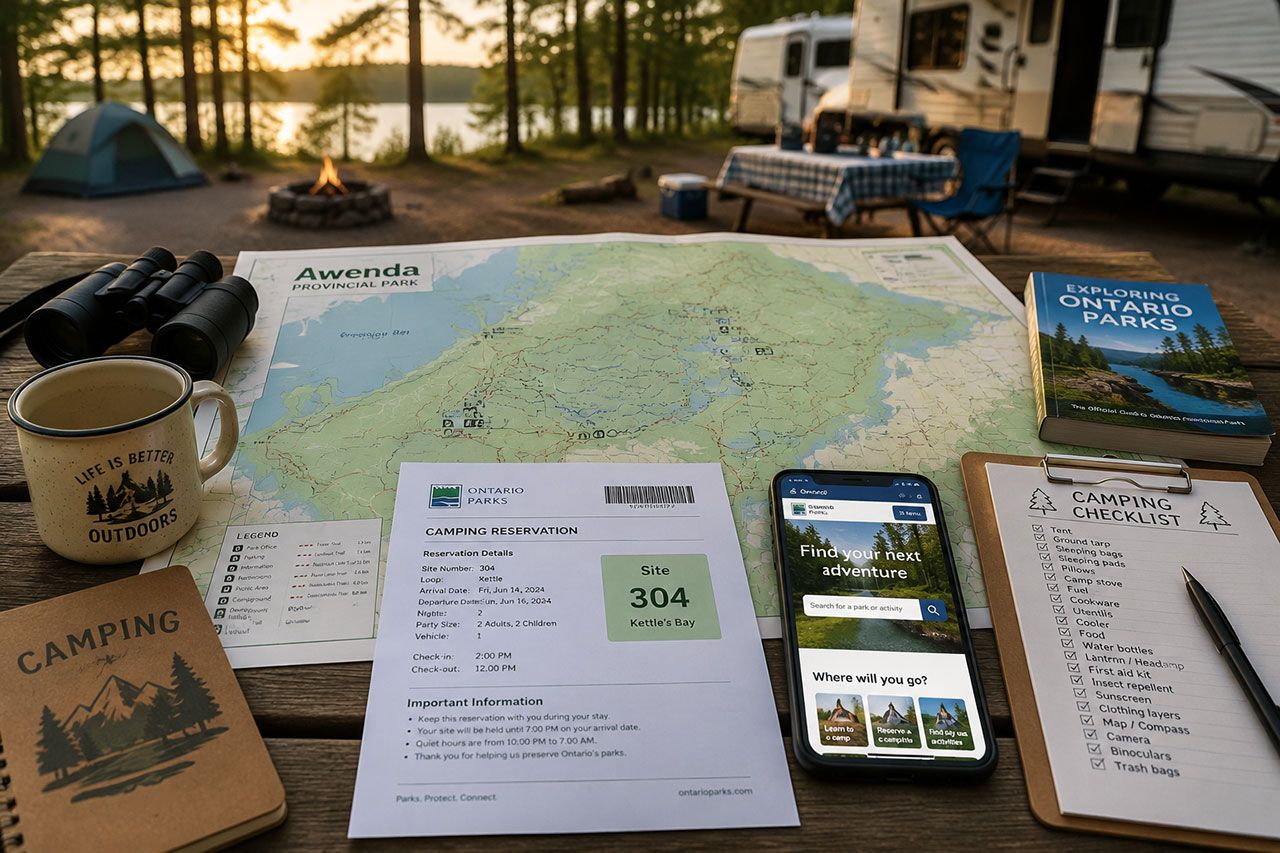 Camping planning scene showing park map of Awenda Provincial Park spread on wooden picnic table with camping reservation printout, smartphone displaying Ontario Parks website or CampEscape page, camping checklist, coffee mug, binoculars, and guidebook visible, background softly blurred showing campsite with tent or RV, natural outdoor lighting, organized and inviting planning aesthetic, warm tones suggesting early morning or evening, detailed and helpful visual for trip preparation.