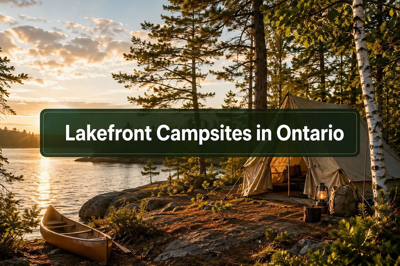 'Lakefront Campsites in Ontario', crisp white sans-serif on a dark green semi-transparent overlay panel, centered with 8% safe margins from every edge — no character touches the edge. Background: bright golden-hour photograph of a calm Ontario lake surrounded by pine and birch trees, a canvas tent pitched on a granite point, canoe resting on shoreline, warm natural light reflecting off water, magazine cover aesthetic, high-end travel editorial polish. NO tables, NO pricing grids, NO comparison matrices.