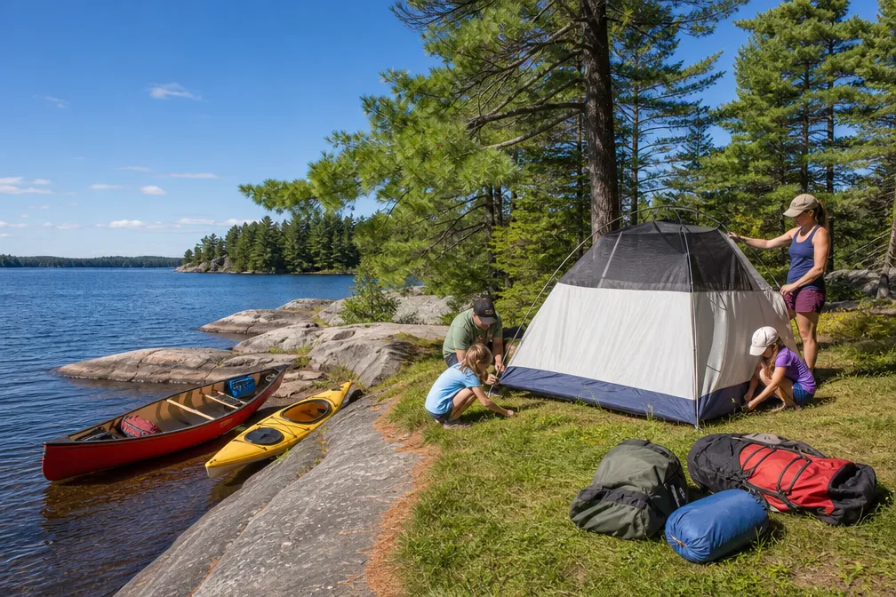A family setting up a dome tent on a grassy lakeshore campsite in Ontario, canoe and kayak resting nearby on smooth granite rocks, clear blue lake water, tall pine trees in background, warm midday sun, vibrant natural colors, save-worthy travel-magazine composition, no text overlay needed.