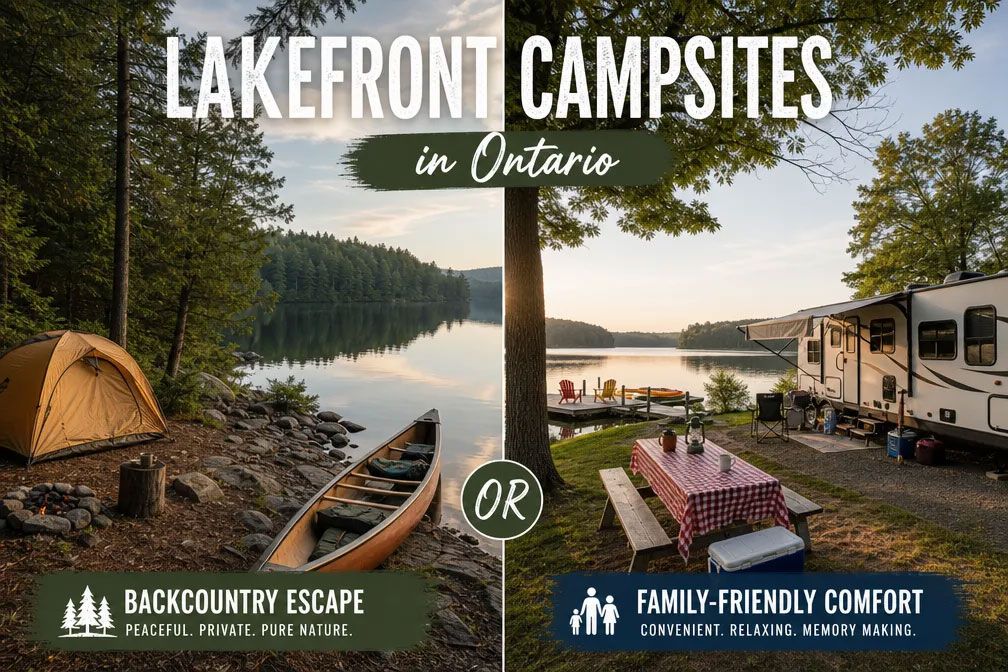 Split-screen comparison image: left half shows a quiet backcountry lakefront tent site with a canoe pulled onto a rocky shore surrounded by dense forest in Algonquin-style wilderness, right half shows a family-friendly drive-in lakeside campground with picnic table, camper trailer, and dock, soft morning light, high-contrast magazine composition, Lakefront campsites in Ontario theme.