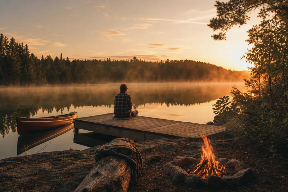 A solo camper sitting on a wooden dock at the edge of a still Ontario lake, small campfire glowing nearby on shore, canoe silhouette on the water, misty tree line reflected in the lake, cozy warm color grade, authentic outdoor lifestyle photography, no text overlay.